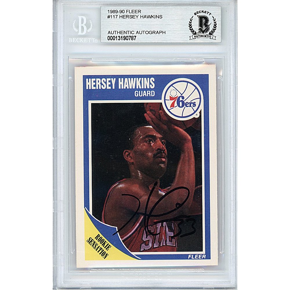 Hersey Hawkins Sixers Signed 1989-90 Fleer Basketball Card Beckett BAS Autograph